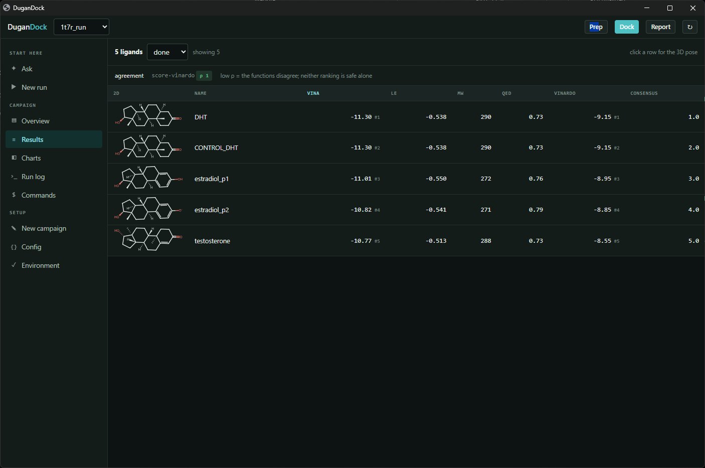 DuganDock results table with docking scores